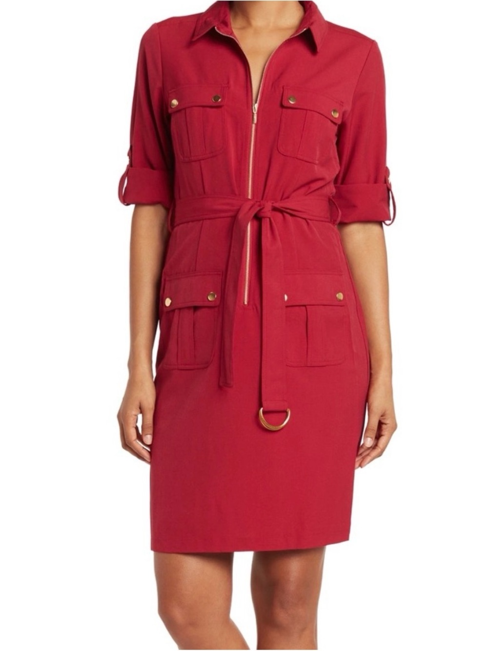 Sharagano Deep Red Utility Shirt Dress with Tie Belt